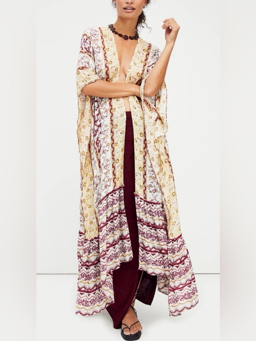 Free People Cream and Burgundy Printed Kimono Duster